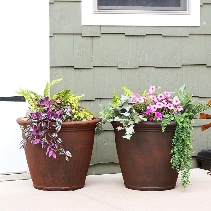 Sunnydaze 24-Inch Anjelica Large Plastic Pot for Plants - Outdoor Polyresin Round Planter with Drillable Drainage Holes - Rust - 4pk-Ruum Studio Home