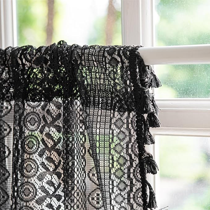 Sutuo Home Boho Valance Curtains for Kitchen Crochet Lace Sheer Bohemian Hollow Knitted with Tassels, Privacy Vintage Rustic Gothic Farmhouse Drapes, Rod Pocket 1 Panel 59" W x 18" L, Black-Ruum Studio Home