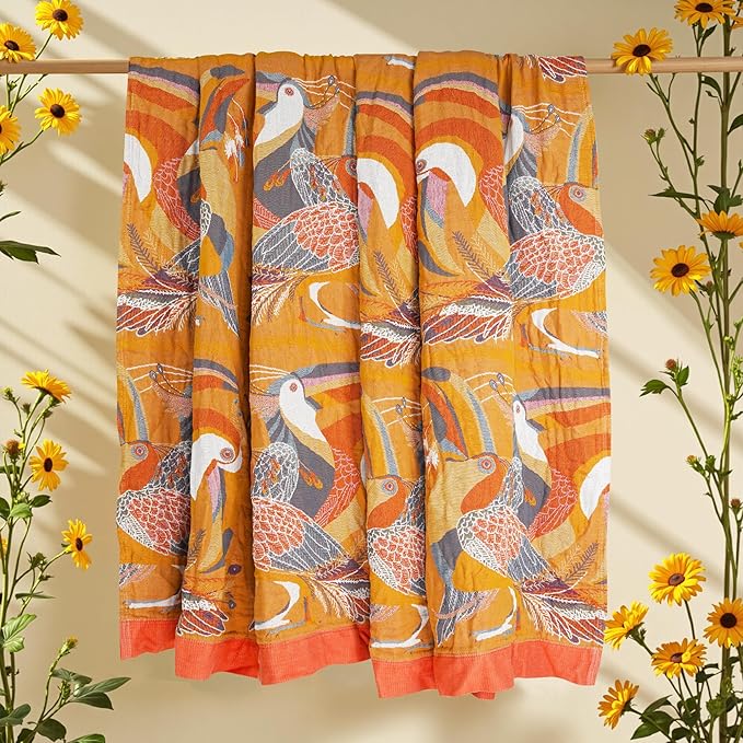 Boho Large Throw Blanket, 100% Organic Muslin Cotton Breathable Soft Bed Throw - Floral Bird Farmhouse Decor Blanket for Sofa Couch Chair Quilt and Gift. 80" x 90"- Colorful-Ruum Studio Home