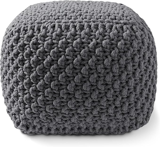 Casafield Square Pouf Ottoman, Dark Gray 18.5" W x 18.5" D x 14.5" H Cotton Knit Foot Stool - Boho Floor Pouffe for Living Room, Bedroom, Home Office-Ruum Studio Home