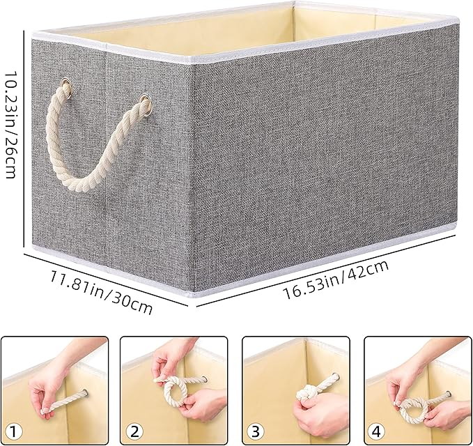 Yawinhe Collapsible Storage Bins 1-Pack, Large Fabric Baskets with Rope Handle, Organizers for Shelves, Closets, Clothes, 16.53''Lx11.81''Wx10.23''H, Grey-Ruum Studio Home