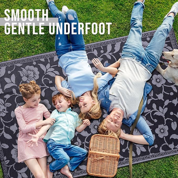 OLANLY Waterproof Outdoor Rug 5x8 ft, Outdoor Plastic Straw Rug with Flower Pattern, Reversible RV Mat for Patio, Camping, Balcony, Deck, Backyard, Black & Grey-Ruum Studio Home