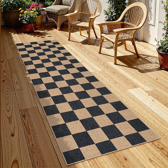 Lahome Checkered Easy Jute Runner Rug, 2x8 Kitchen Rug Non Slip Washable Outdoor Runner for Entryway Indoor, Checkerboard Black Indoor Outdoor Carpet for Hallway 8ft Entry-Ruum Studio Home