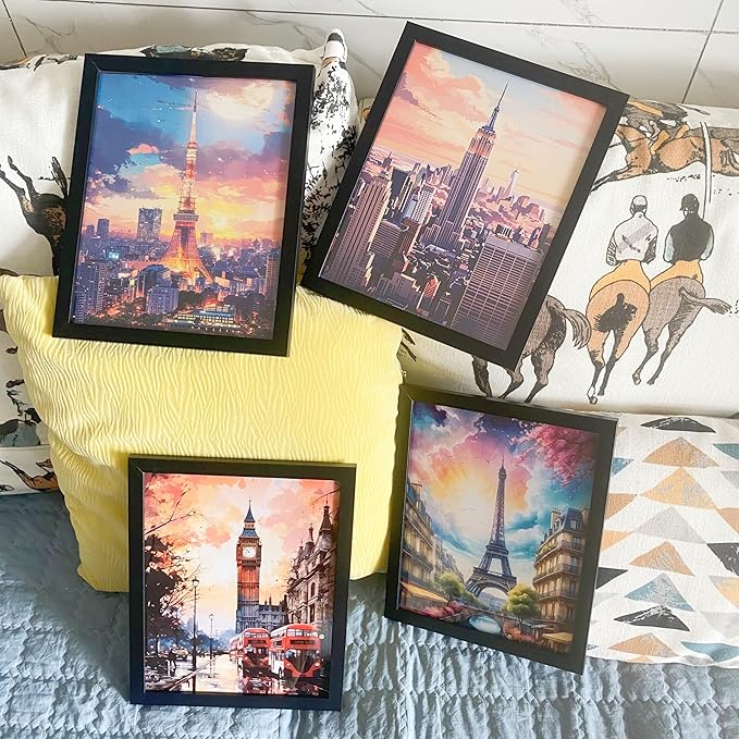 Boho Wall Art Decor,New York, London, Tokyo, Paris, Eiffel Tower,City Wall Decor Art,Modern Landscape Wall Art for Living Room Bedroom Prints Poster,8x10 Inch Set of 4,Framed-Ruum Studio Home