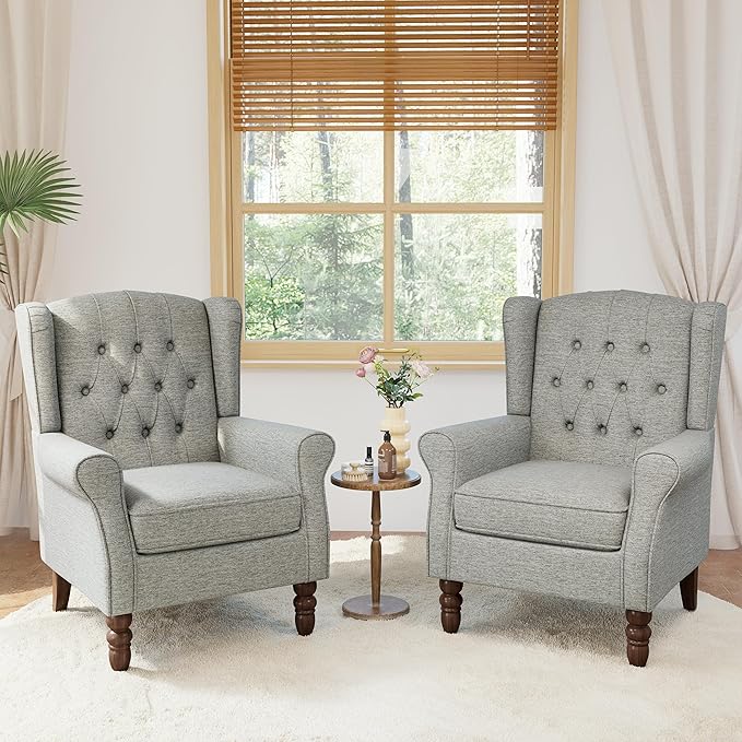 Lumibee High Back Accent Chair Set of 2,Upholstered Wingback Armchair with Solid Wood Legs for Small Spaces,Comfy Single Sofa Chair for Living Room,Bedroom,Office-Light Gray-Ruum Studio Home