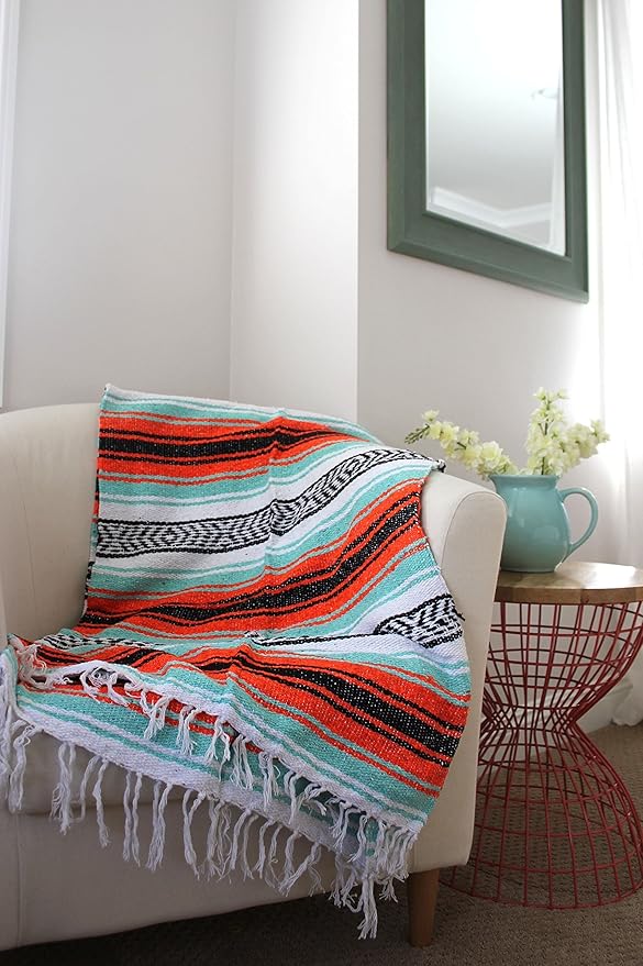 Del Mex Classic Mexican Blanket, Large Authentic Woven Falsa Throw (70"x50"), Artisan Southwest Décor for Beach, Yoga, Outdoors (Mint/Orange)-Ruum Studio Home