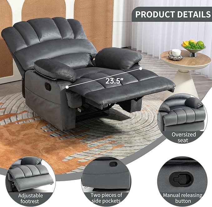 Luxlen Manual Recliner Chair, Reclining Chair with Overstuffed Armrest and Backrest, Living Room Single Sofa Recliners,Light Grey-Ruum Studio Home