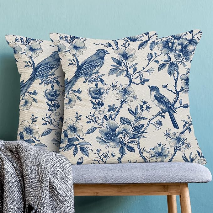 Navy Blue Spring Floral Pillow Covers 18 x 18 Inch Set of 2 for Chinoiserie Vintage Flowers Bird Decor Throw Pillows Plant Farmhouse Outdoor Decorative Cushion Cases for Couch Bed Decorations-Ruum Studio Home