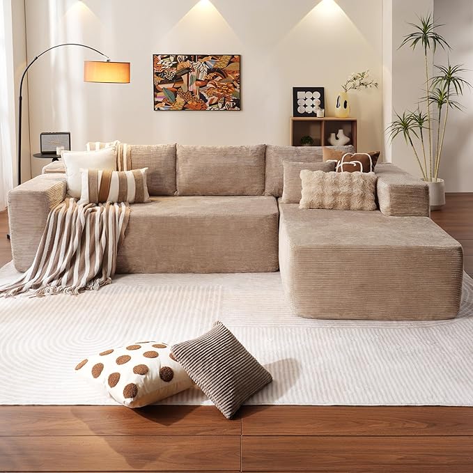 ovios 104" Cloud Sectional Couch with L-Shape Chaise,Modern Modular Sofa with Deep Seat, Upholstered Couches for Living Room Bedroom,No Assembly Required, Camel (Corduroy Fabric)-Ruum Studio Home