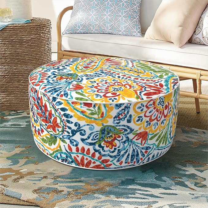 Inflatable Ottoman Stool D21 xH9 for Outdoor/Indoor Use, Water Repellent Patio Foot Rest Stool with Portable Handle,Round Pouf Ottoman Suitable for Garden,Deck and Camping - Paisley Multi-Ruum Studio Home