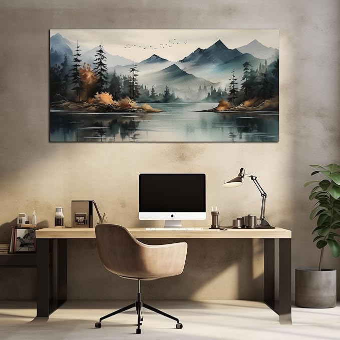 Rustic Wall Art for Living Room Large Size Teal Mountain Tree Landscape Canvas Wall Art for Bedroom Office Decor 29 x 59 Inch-Ruum Studio Home