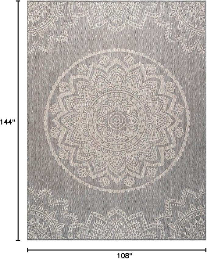 CAMILSON Outdoor Rug 9x12 Modern Area Rugs for Large Indoor and Outdoor Patios and Porches - Waterproof Washable Non-Shedding Easy-to-Clean Outside Carpet (9 x 12, Medallion - Grey/White)-Ruum Studio Home