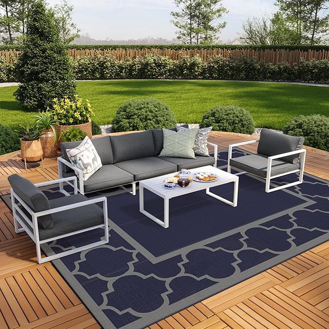 GENIMO 10 ' x 14 ' Outdoor Rug Waterproof for Patio Decor, Foldable Reversible Plastic Straw Area Rugs Mat for Camper, Outside Carpet for Rv, Deck, Porch, Picnic, Beach, Balcony, Blue & Grey-Ruum Studio Home