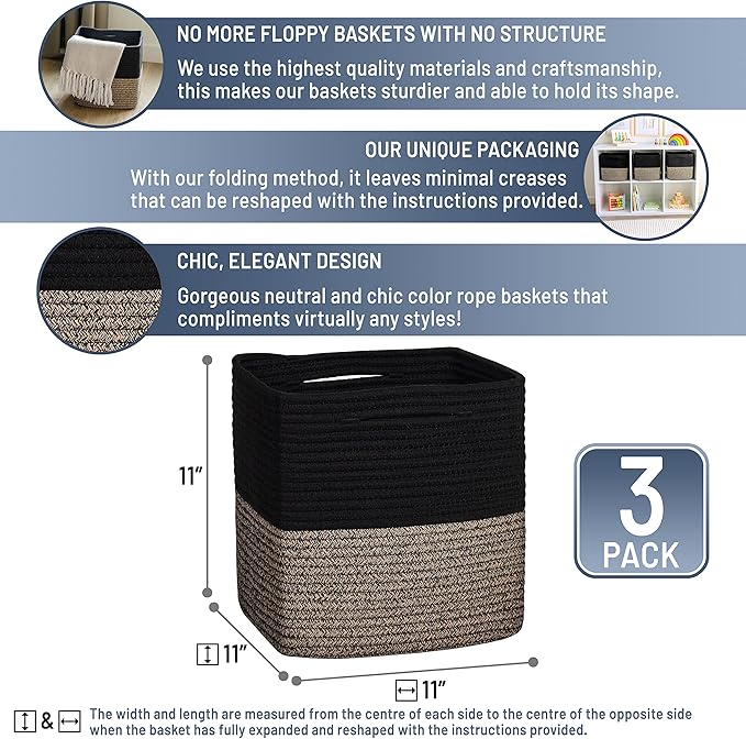NaturalCozy Storage Cubes 11 Inch Cotton Rope Woven Baskets for Organizing, 3-Pack | Cube Storage Bin | Square Storage Baskets for Shelves Organizer, Classroom, Kids Toy Bins, Closet, Baby Nursery-Ruum Studio Home