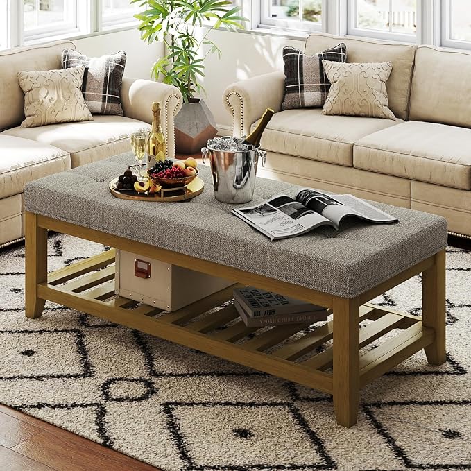 Large Rectangular Upholstered Ottoman Bench, Linen Tufted Footrest Ottoman with Solid Wood Shelf Storage Coffee Table for Bedroom Living Room, Linen-Ruum Studio Home