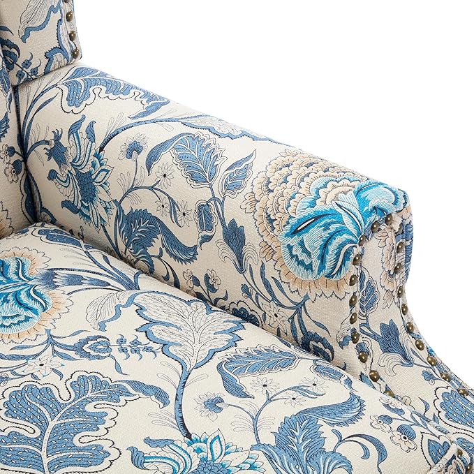 UIXE High Back Floral Accent Chairs Set of 2, Upholstered Armchair in Fabric, Retro Printed Wingback Arm Chair for Living Room, Nailhead Trim Single Sofa Bedroom Reading Seat - Boho Blue-Ruum Studio Home