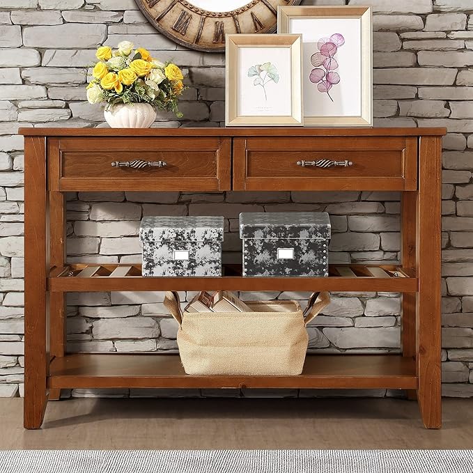 Solid Wood Console Table Entryway Table with Storage Drawers and Shelves Sofa Tables (42" Brown)-Ruum Studio Home