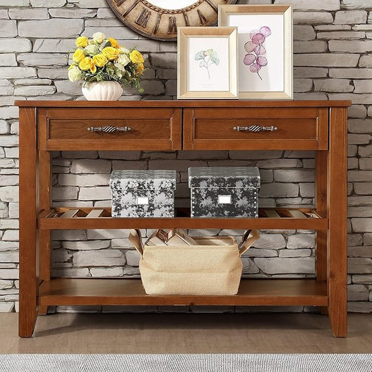 Solid Wood Console Table Entryway Table with Storage Drawers and Shelves Sofa Tables (42" Brown)-Ruum Studio Home