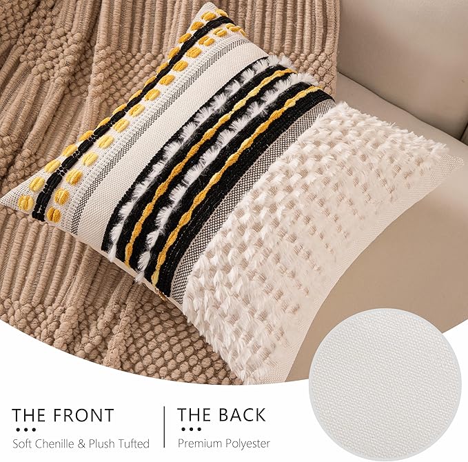 Boho Chenille Tufted Couch Throw Pillow Covers 18x18 Inch Set of 2 Farmhouse Striped Decorative Pillow Covers Accent Neutral Pillowcase Black Yellow Cushion Cover for Living Room Sofa Bed-Ruum Studio Home