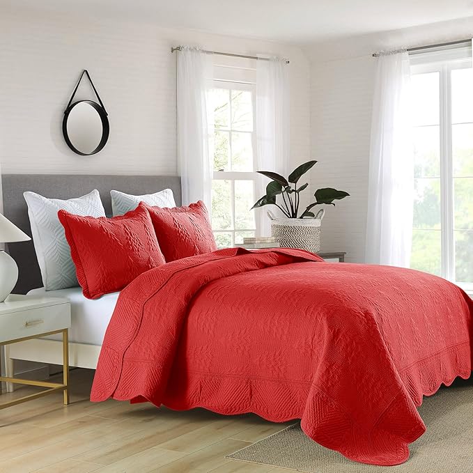 MarCielo 3-Piece Christmas Quilt 100% Cotton Oversized Bedspread Lightweight Coverlet Embroidery Christmas Tree Pattern Bedding Set (TC Red, Oversized King (118"x106"))-Ruum Studio Home