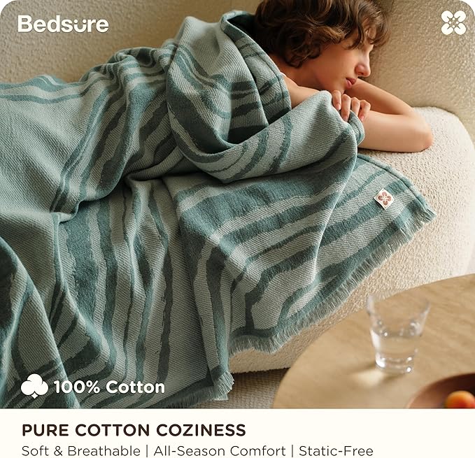 Bedsure 100% Cotton Throw Blanket for Couch - Chenille Woven Textured Blanket Gifts for Women, Cozy and Soft for All Seasons, Home Decor Boho Throw for Bed, Sofa, Aqua Gray, 50x60 Inches-Ruum Studio Home