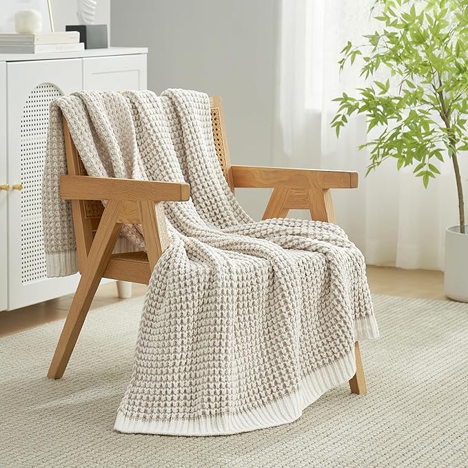 Amélie Home Chenille Waffle Throw Blanket for Couch, Reversible Pineapple Stitch Knit Soft Cozy Knit Blanket Lightweight Warm Decorative Throw for Sofa, Bed, Living Room, 50"x60", Beige&Ivory-Ruum Studio Home