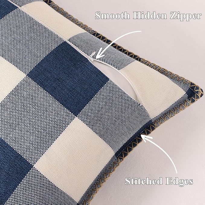 decorUhome Buffalo Plaid Check Throw Pillow Covers 20x20 Set of 2, Outdoor Decorative Farmhouse Neutral Pillow Covers with Stitched Edge for Bed Couch Sofa, Navy Blue and White-Ruum Studio Home