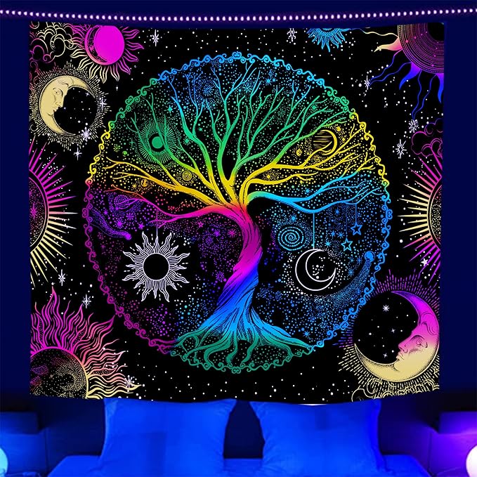 AACKart Blacklight Tapestry for Bedroom - Spiritual Tree of Life Wall Tapestry Glow in the Dark Wall Hanging 90.5 x 70.8 inches-Ruum Studio Home