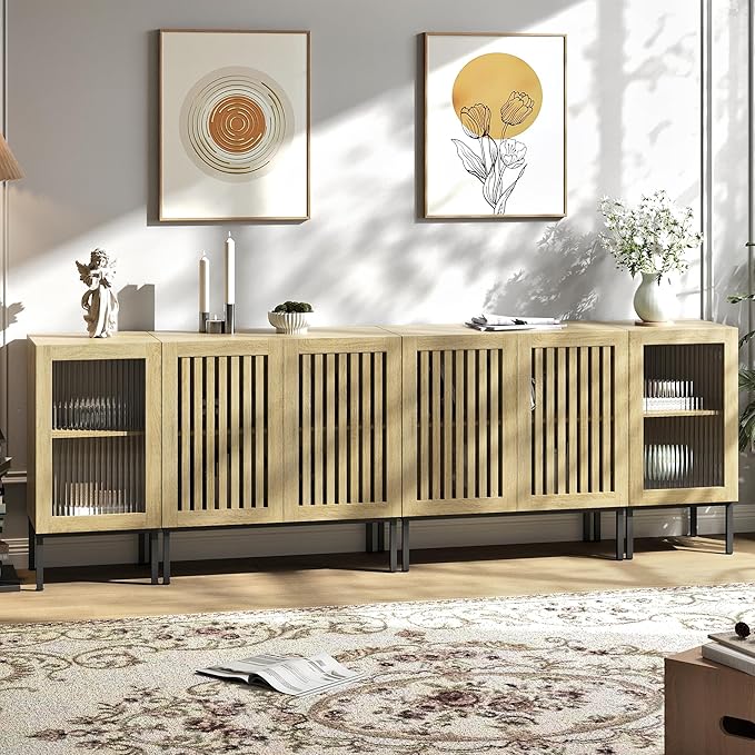 Farmhouse TV Stand for TVs up to 100 Inch, Entertainment Center TV Console with Storage Cabinets and Glass Doors,Media Console for Living Room,Oak-Ruum Studio Home