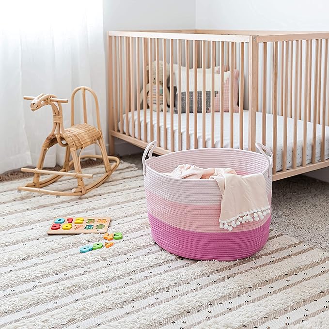 OrganiHaus Toy Storage Basket for Kids, Large Cotton Rope Organizer Bin for Nursery, Toy Box, Blanket Holder, Baby Hamper for Living Room, Soft & Washable, 20x13 inches - Pink-Ruum Studio Home