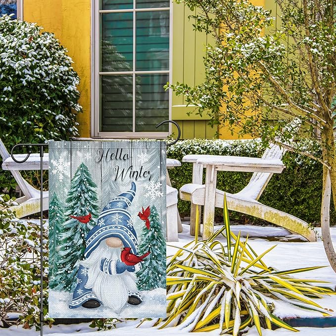 Hello Winter Gnome Garden Flag 12x18 Double Sided Burlap Cardinals Snowflakes Snow Yard Flags for Christmas Seasonal Outside Outdoor House Decoration (ONLY FLAG)-Ruum Studio Home