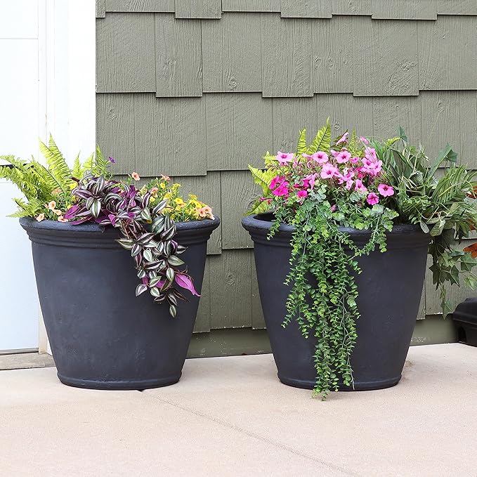 Sunnydaze 24-Inch Anjelica Large Plastic Pot for Plants - Outdoor Polyresin Round Planter with Drillable Drainage Holes - Slate - 2pk-Ruum Studio Home