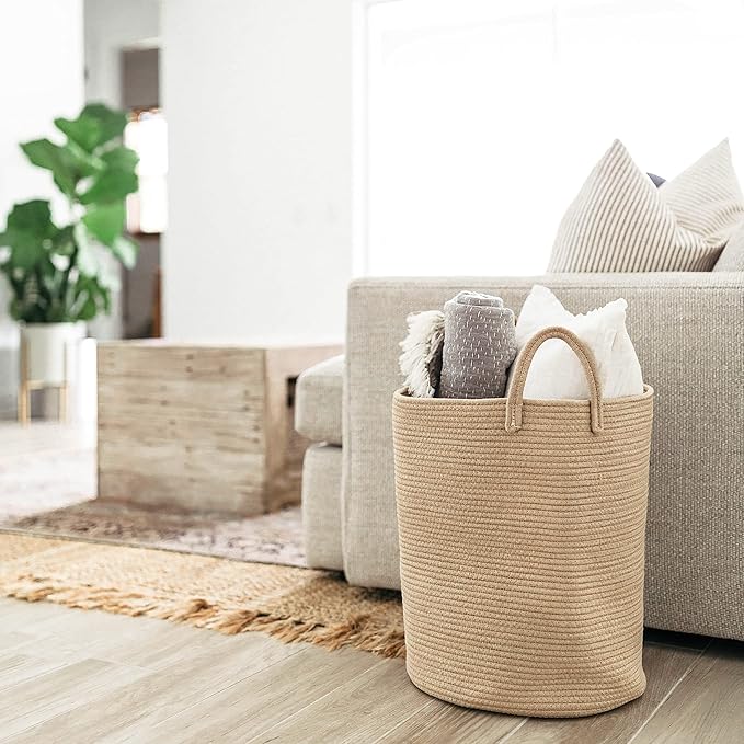 OrganiHaus Large Woven Baskets for Storage 15x18, Cotton Rope Baskets for Storage, Tall Blanket Basket for Living Room, Nursery Laundry Basket, Big Basket for Toys, Basket for Blankets, Honey-Ruum Studio Home