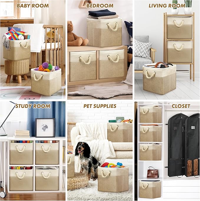 SIMPLE HOUSEWARE Fabric Storage Cubes, 13" x 13" Storage Bin, 3 Pack, Beige-Ruum Studio Home
