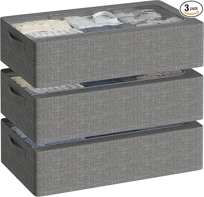 3PCS Under Bed Storage Bins with Metal Frame, Linen Fabric Frame Storage Box Clothes Organizer Bins, Underbed Container with Clear Window (Dark Grey, 15.7 x 13 x 6IN)-Ruum Studio Home