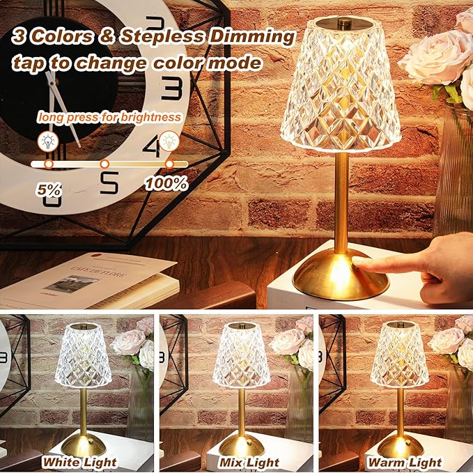 Liliful 2 Pcs LED Portable Cordless Table Lamp Touch Battery Operated Rechargeable Desk Lamp 3 Color Dimmable for Bedroom Living Room Dining (Diamond Style,Gold)-Ruum Studio Home