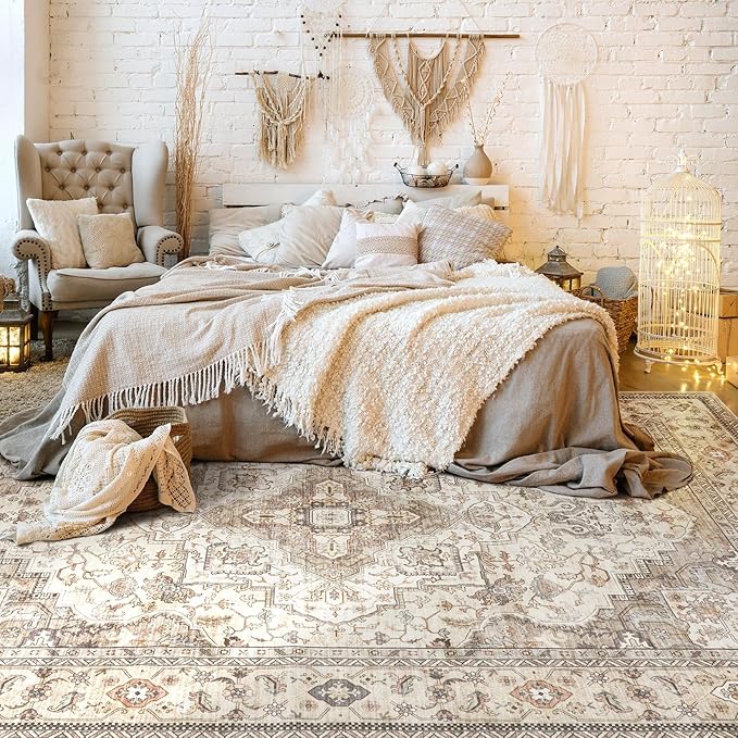 Washable Area Rugs for Living Room - 6x9 Neutral Vintage Distressed Floral Farmhouse Boho Large Soft Floor Rug Indoor Non Slip Carpet for Bedroom Dining Room Office - Brown/Multi-Ruum Studio Home