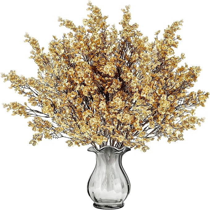 Sggvecsy 15 Pcs Babys Breath Artificial Flowers Gypsophila Bouquets Bulk Real Touch Fake Silk Flowers for Home Wedding DIY Floral Arrangement Kitchen Table Centerpiece Christmas Decoration (Gold)-Ruum Studio Home