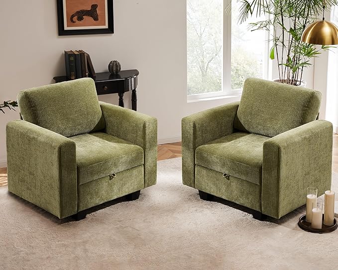 38.5 Oversized Accent Chair with Storage Green Corduroy, Single Modern Accent Sofa Chair with Arms for Apartment Living Room (21" Deep Seat)-Ruum Studio Home