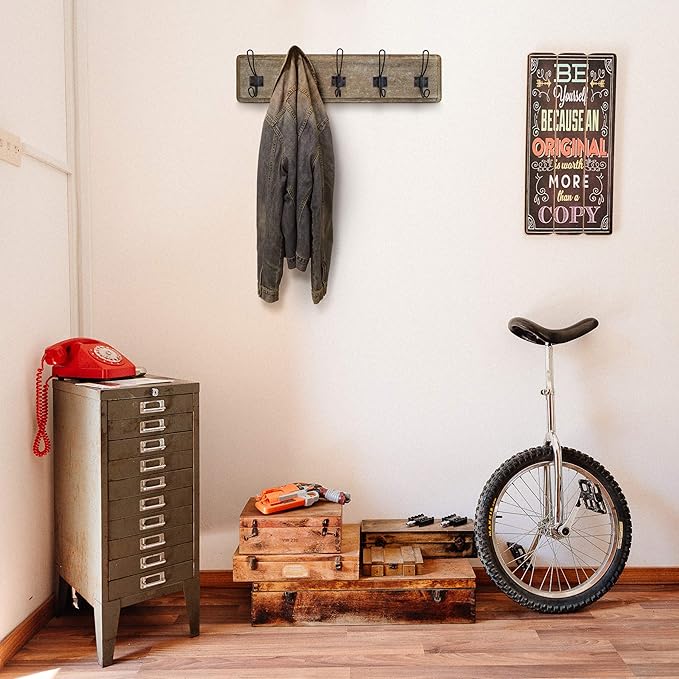 HBCY Creations Weathered Rustic Coat Rack Wall Mount with 5 Hooks, Solid Pine Wood 24 inch Wall Hooks for Entryway, Mudroom, Hallway, Bathroom - Vintage Farmhouse Style Wall Mounted Towel Rack-Ruum Studio Home