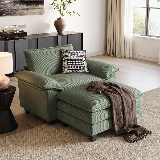 LINSY HOME Sofa Chair with Movable Ottoman - Corduroy Cloud Couch Chair Soft Comfy Modern Sofa Chaise Single Sleeper Chair Bed for Living Room Apartment Office, Green-Ruum Studio Home