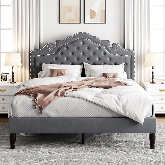 Allewie Queen Size Bed Frame with Adjustable Velvet Tiara Headboard, Upholstered Diamond Button Tufted Platform Bed, Wood Slats Support, No Box Spring Needed, Light Grey-Ruum Studio Home
