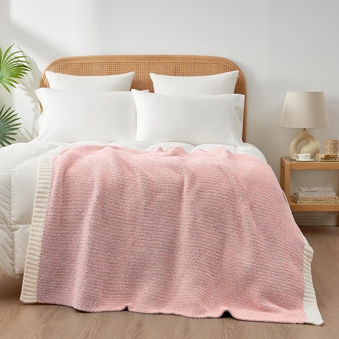 Snuggle Sac Buttery Pink Throw Blanket for Couch, Reversible Super Soft Knitted Blankets, Warm Cozy Knit Fuzzy Plush Lightweight Throws Dupes for Sofa, Bed, Picnic, Pink, 50 x 70 inches-Ruum Studio Home