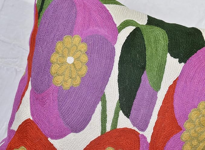 Lily Pink Flower Pillow Cover | Suzani Accent Pillow | Outdoor Floral Pillows | Hand Embroidered Wool Cushion - 18x18-Ruum Studio Home