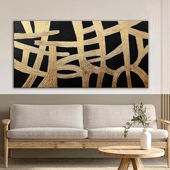 Abstract Wall Art Paintings Wall Decor Large Canvas Wall Art Decor Black And Gold Lines Texture Wall Art Artwork Modern Minimalist Wall Art Living Room For Room Bedroom Office Wall Decor 29"X58"-Ruum Studio Home
