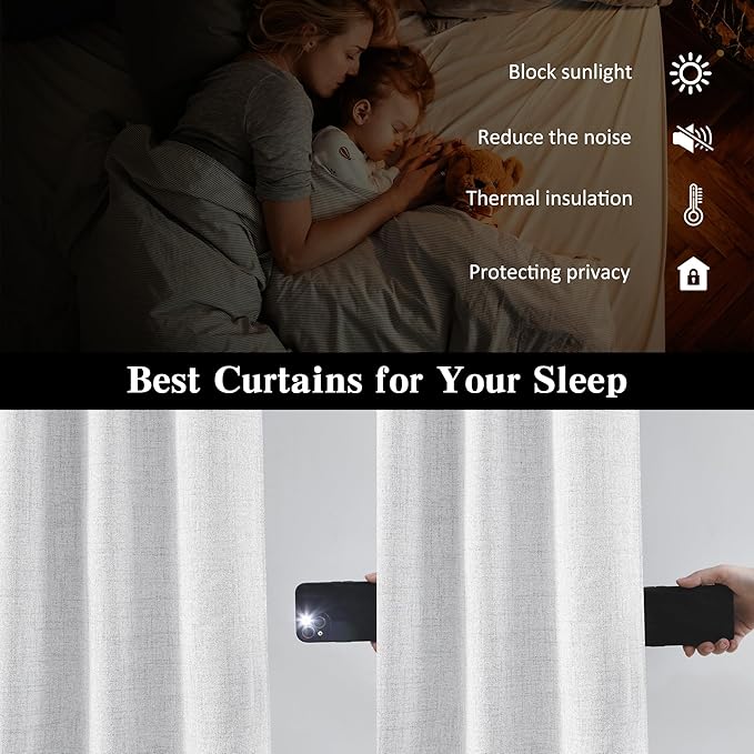 RAIN CITY White Blackout Curtains 120 Inches Long Modern Farmhouse Back Tab Pleated Look Window Drapes for Bedroom Living Room 2 Panels 50x120x2-Ruum Studio Home