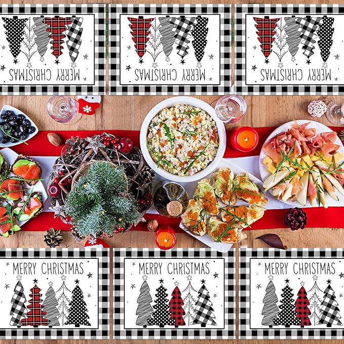 Christmas Placemats Set of 6 Christmas Tree Plastic Table Mats Xmas Trees Black and White Buffalo Plaid Place Mats Winter Holiday Table Decoration for Indoor Outdoor Party Kitchen Dining-Ruum Studio Home