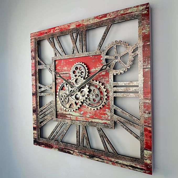 The Gears Clock 24'' Inch Square Real Moving Gear Wall Clock Vintage Industrial Oversized Rustic Farmhouse (Red Lava)-Ruum Studio Home