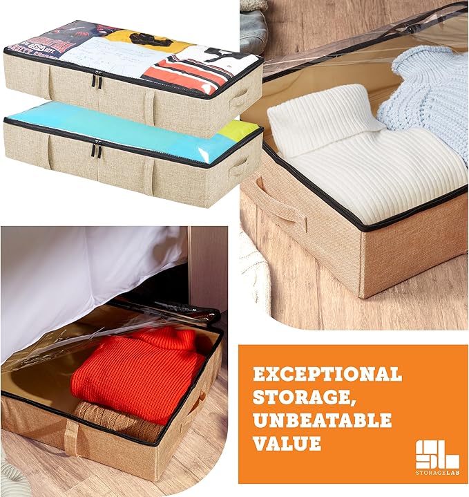 storageLAB Under Bed Storage Containers, Closet Organizers with Sturdy Handles for Clothes, Comforters, and Accessories, Use Under or at the End of the Bed - 2 Pack, Reinforced, Beige-Ruum Studio Home
