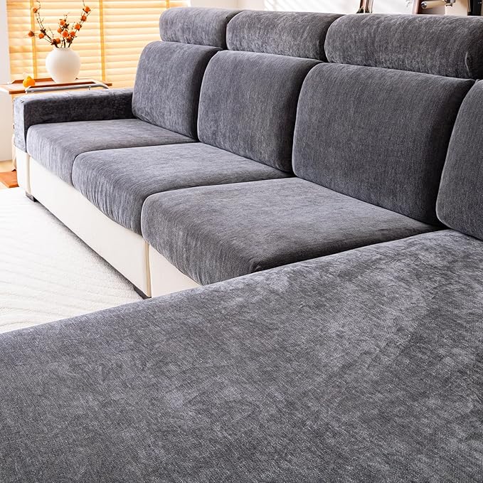 Chenille Sofa Armrest Covers, Soft Stretch Non-Slip Couch Arm Covers for Sofa, Chair or L Shaped Sectional, Furniture Protector (2 Pieces, Dark Grey)-Ruum Studio Home